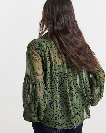 Womens Georgette Tie Detail Collarless Blouse - Khaki Print