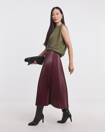 Burgundy PU Pleated Midi Skirt
