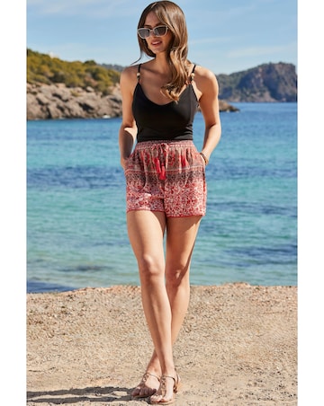 Sosandar Red Scarf Print Tassel Detail Shorts