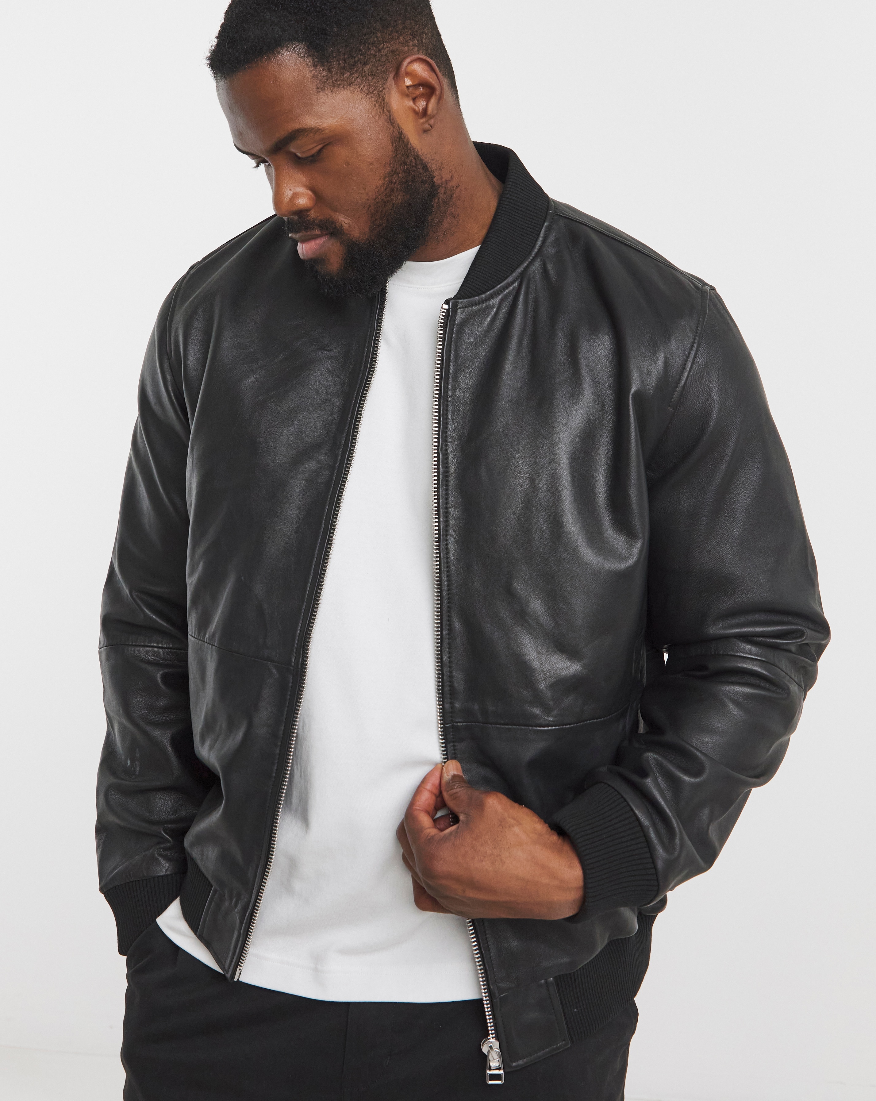 Black Leather Bomber Jacket | JD Williams
