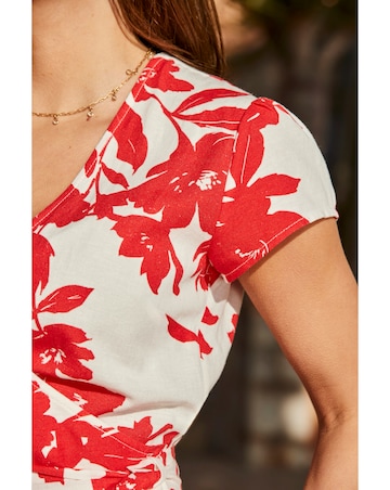 Floral Printed Linen Belted Angel Sleeve Wrap Fit and Flare