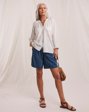 Julipa Linen Mix Embroidered Cuff Button Down Blouse