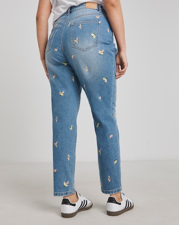 Simply Be Mid Blue Fruit Embroidered Slim Mom Jeans