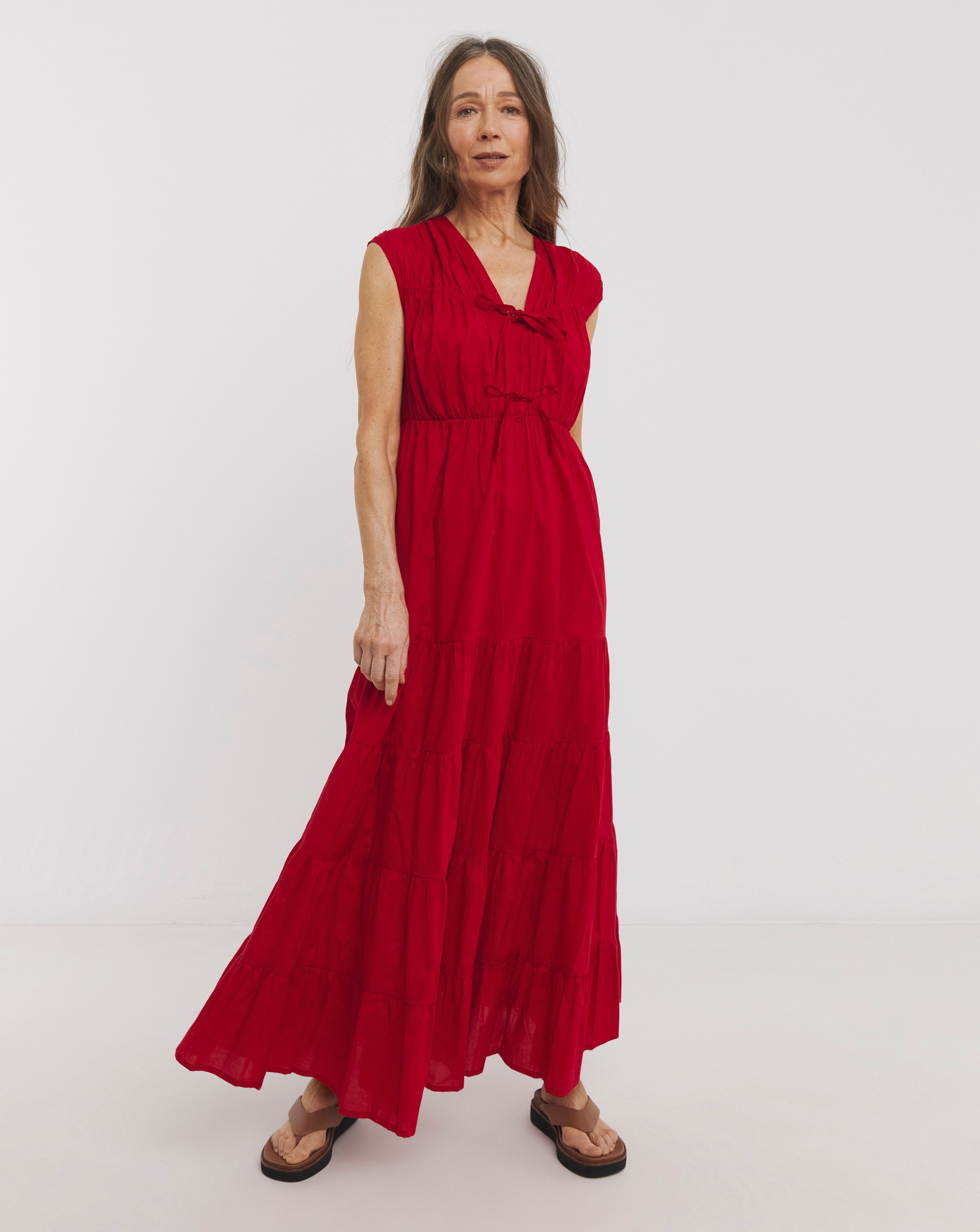 Pure Cotton Tie Front Tier Maxi Dress