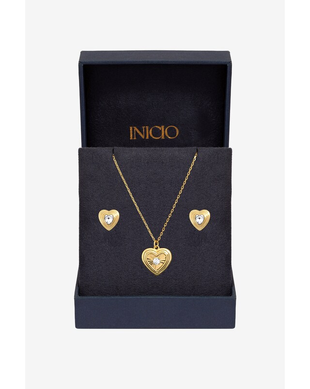 Inicio Gold Crystal Ridged Heart Set