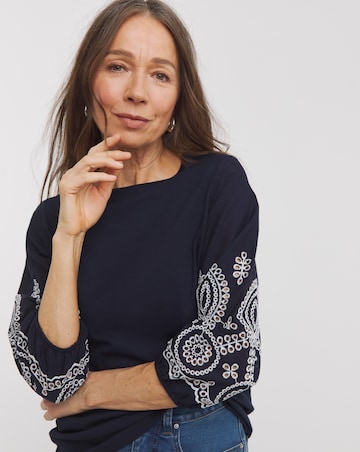 Pure Cotton Broderie 3/4 Length Sleeve Crew Neck Top