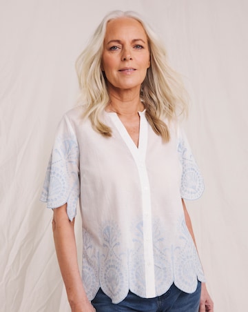 Julipa Pure Cotton Shell Embroidered Button Down Blouse