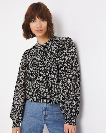 Mono Print Long Sleeve Pintuck Yoke Collarless Blouse