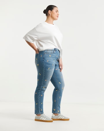 Simply Be Mid Blue Fruit Embroidered Slim Mom Jeans