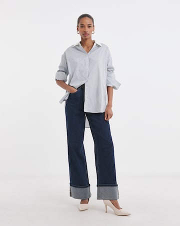 Womens Cotton Poplin Contrast Collar Oversized Shirt - Blue Stripe