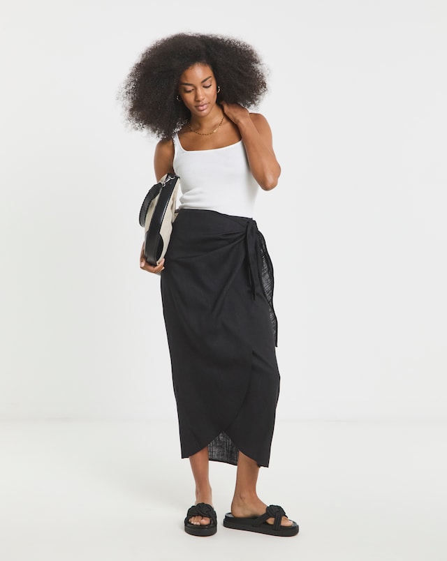 Simply Be Black Linen Wrap Midaxi Skirt