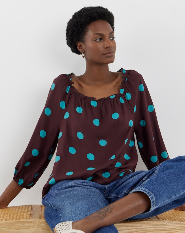 Brown Spot Square Neck Three Quarter Sleeve Top