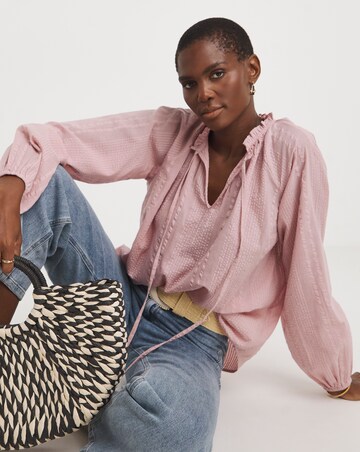 Collarless Long Sleeve Tie Neck Blouse