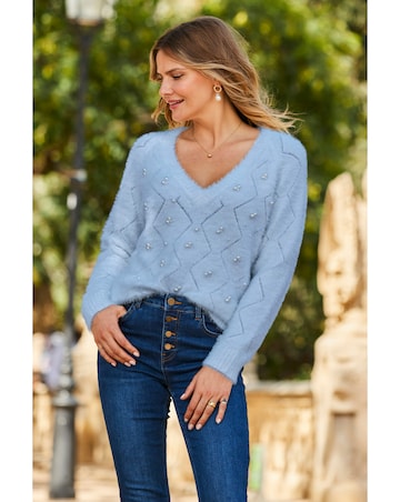 Sosandar V Neck Pointelle Stitch Feather Trim Jumper