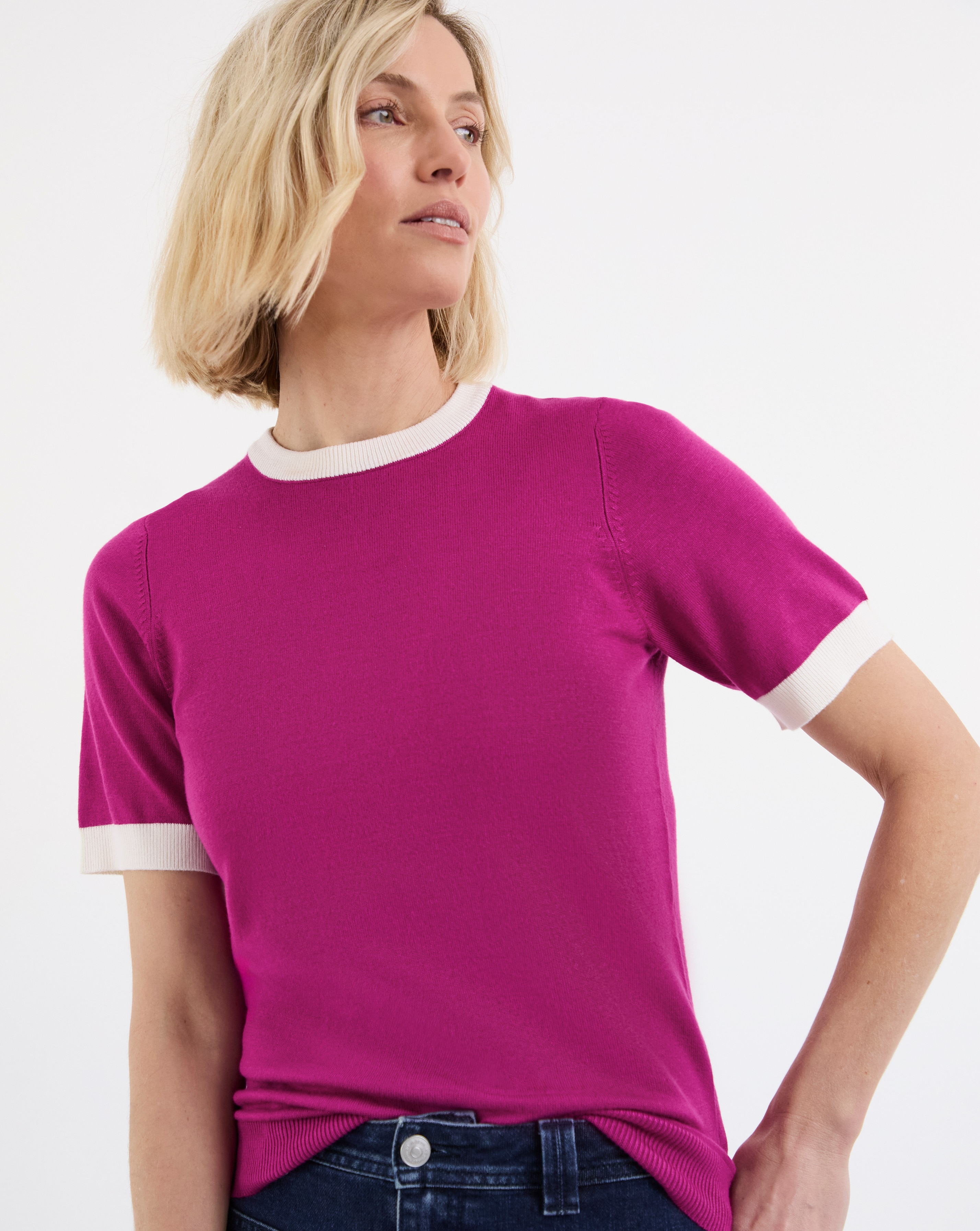 Fine Knit Fuchsia Contrast Tipping Knitted T-Shirt