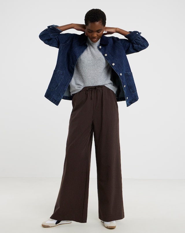 Pinstripe Drawstring Wide Leg Trousers - Chocolate