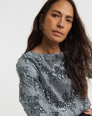 Velvet Sequin Slash Neck Volume Sleeve Top