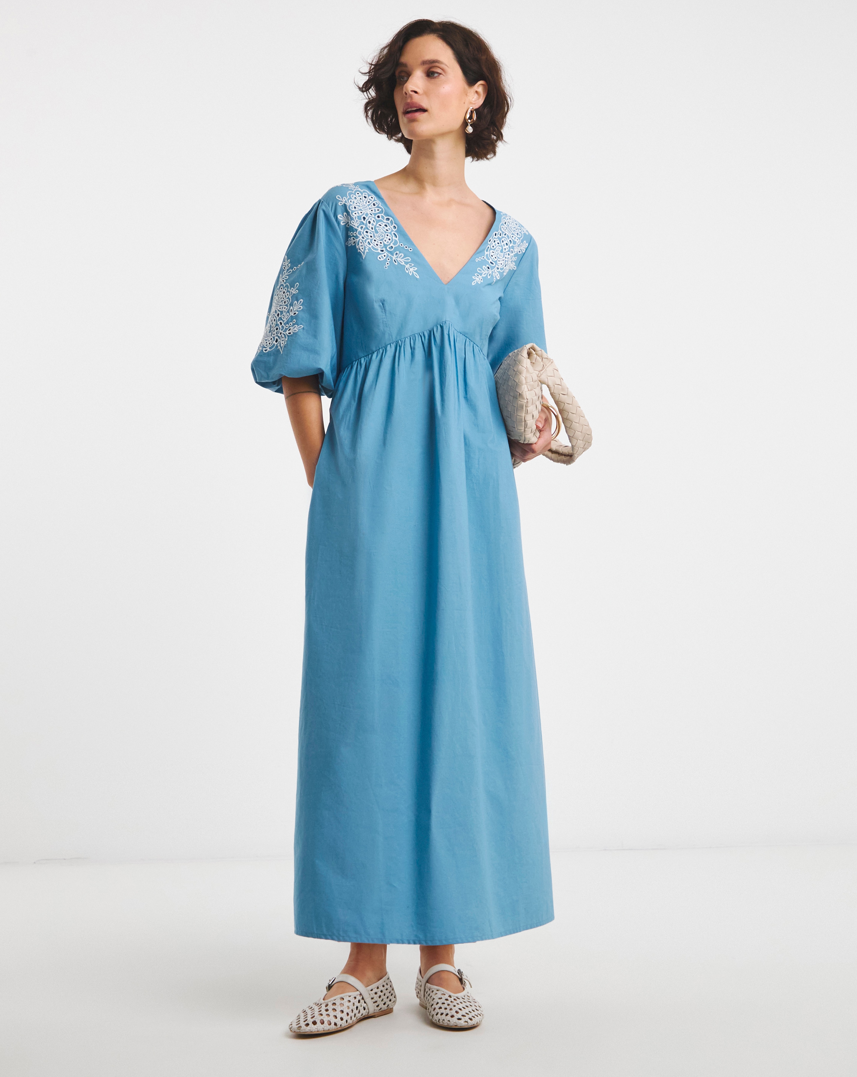 Pure Cotton Embroidered Puff Sleeve Dress
