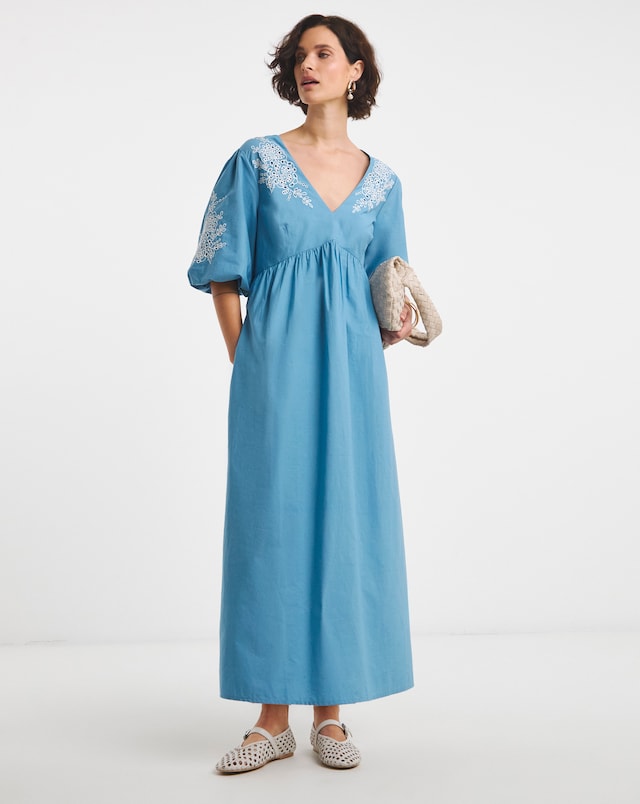 Pure Cotton Embroidered Puff Sleeve Dress