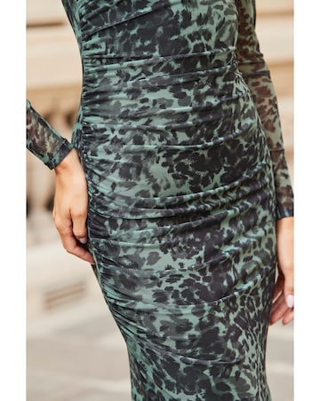 Sosandar Green Animal Mesh Crew Neck Midi Dress