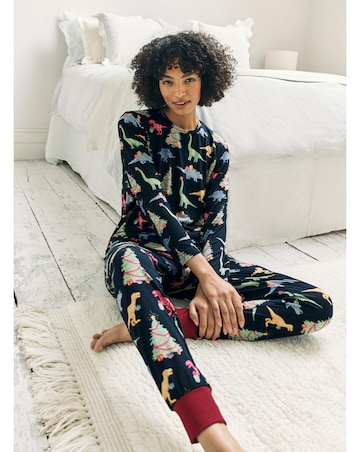 Chelsea Peers Jersey Crew Neck Christmas Dinosaur Print Pyjama Set
