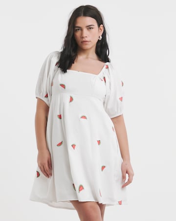 Simply Be White Poplin Embroidered Fruit Skater Dress