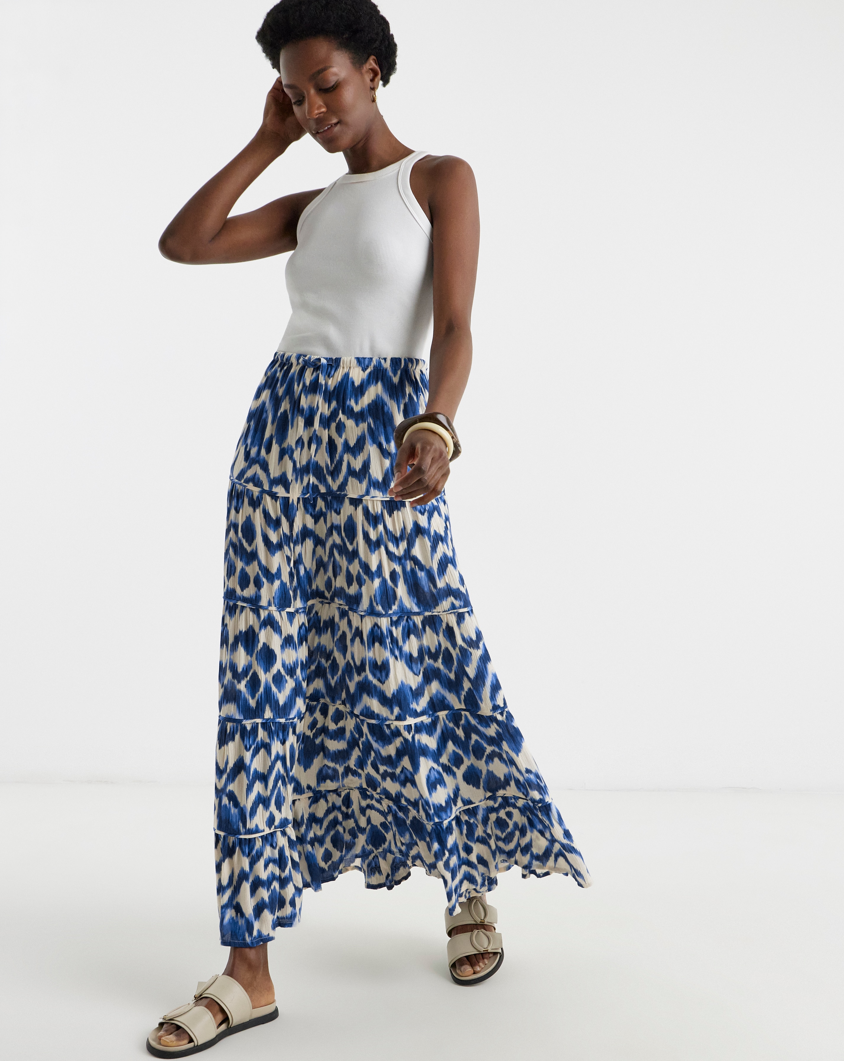 Blue Print Textured Crinkle Tiered Maxi Skirt