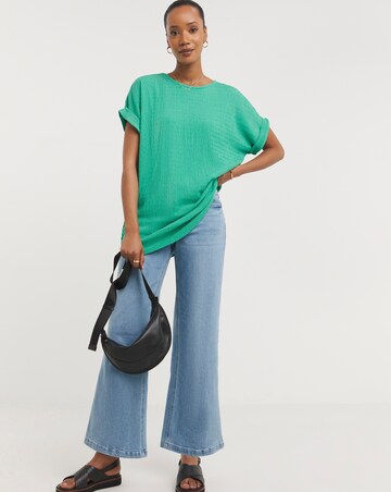 Green Textured Longline Curved Hem Top