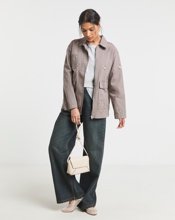 Simply Be Neutral Floral Embroidered Utility Shacket
