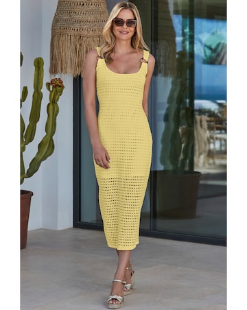 Sosandar Yellow Crochet Ring Detail Midi Dress