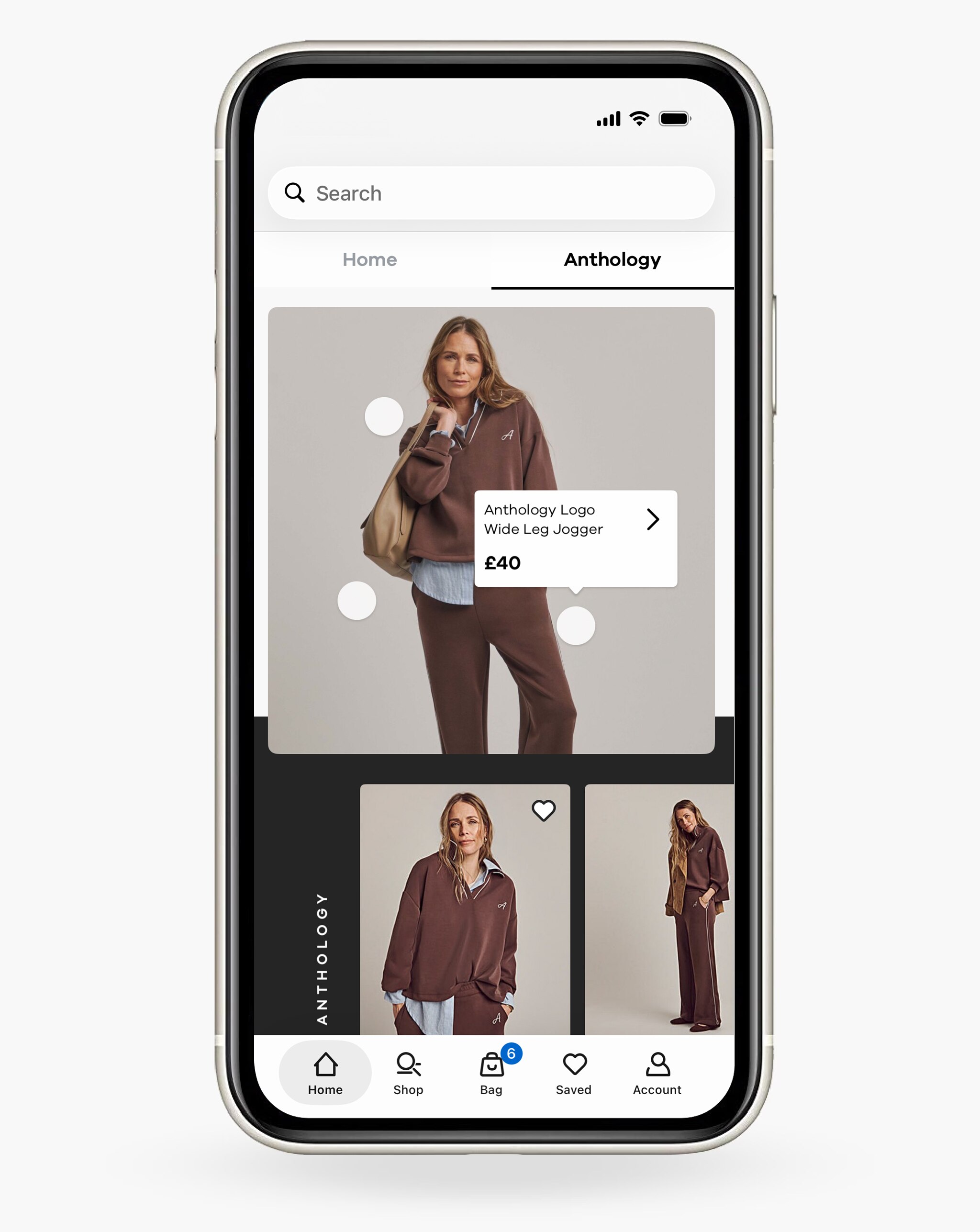 A mobile phone screen showing the Anthology page on the JD Williams app.