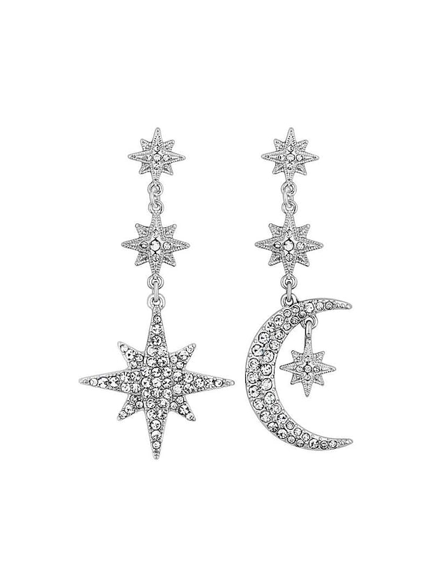 Mood Silver Crystal Moon And Star Statement Drop Earrings