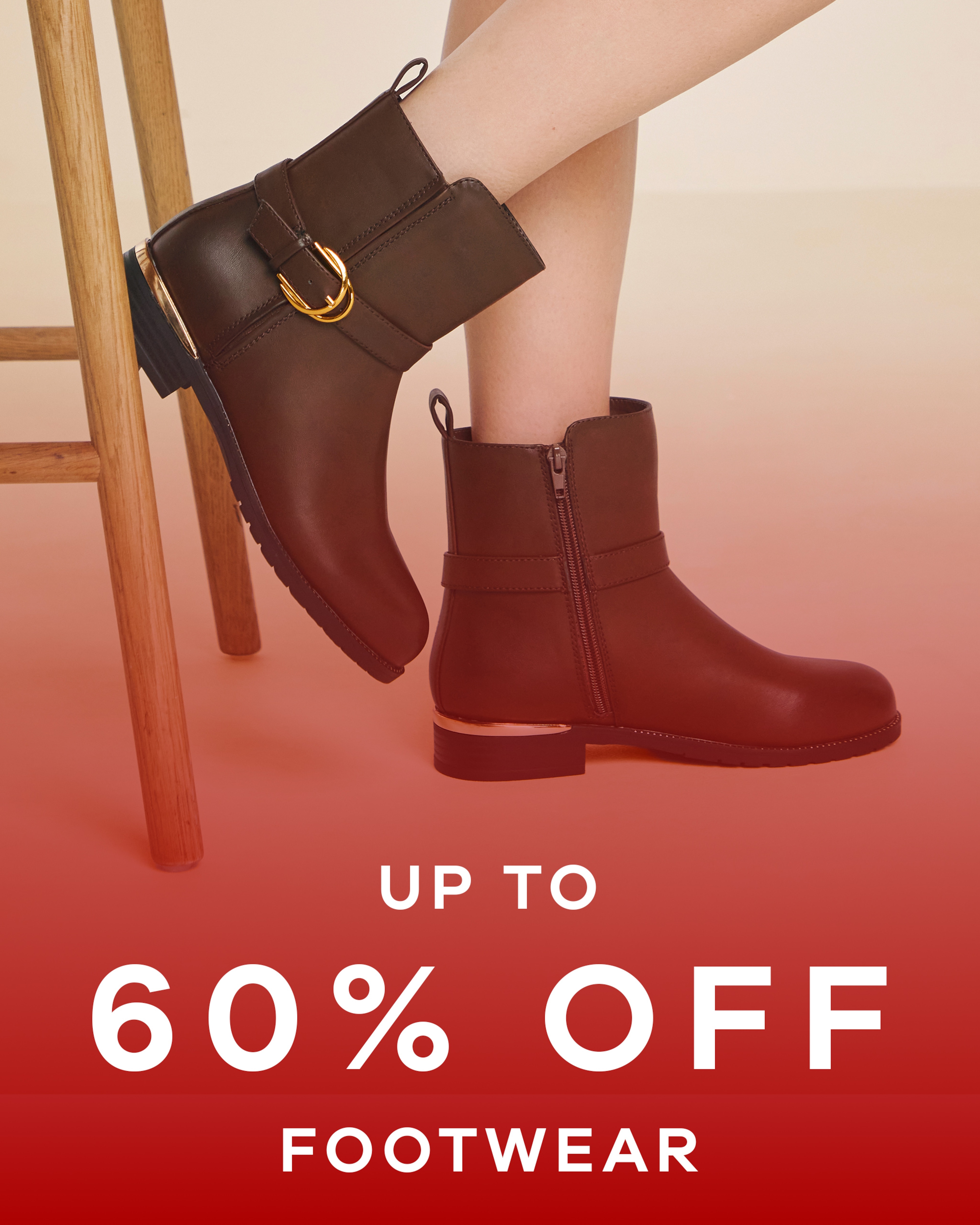 Up to 60% off footwear text overlaid on an image of a person wearing boots with a red overlay on the image