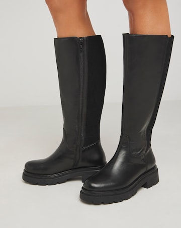 Ashleigh Leather Stretch Panel Flat Boots - Wide Fit (E) & Standard/Curvy Calf