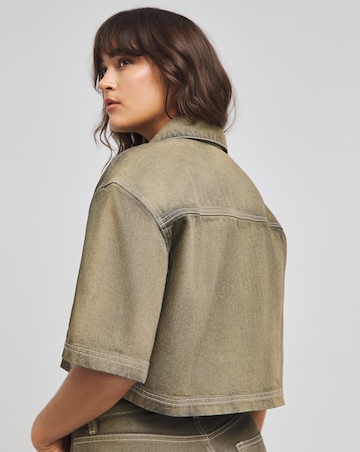 Native Youth Acid Wash Cropped Denim Shirt With Heart Pockets