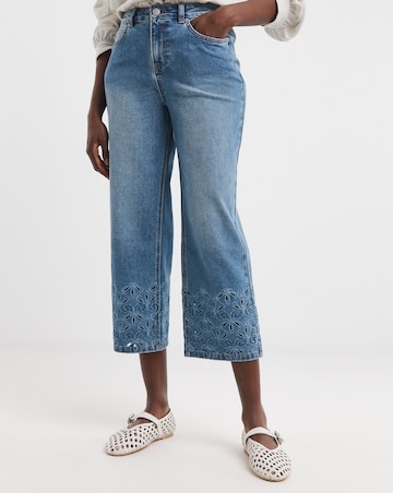Mid Blue Broderie Straight Leg Crop Jeans