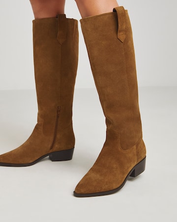 Yves Knee High Suede Cowboy Boots Wide E Fit Curvy Calf