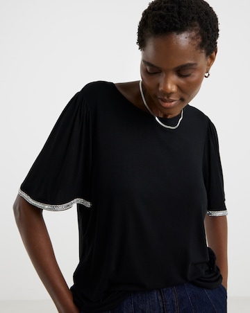 Diamante Trim Crew Neck Angel Sleeve Top