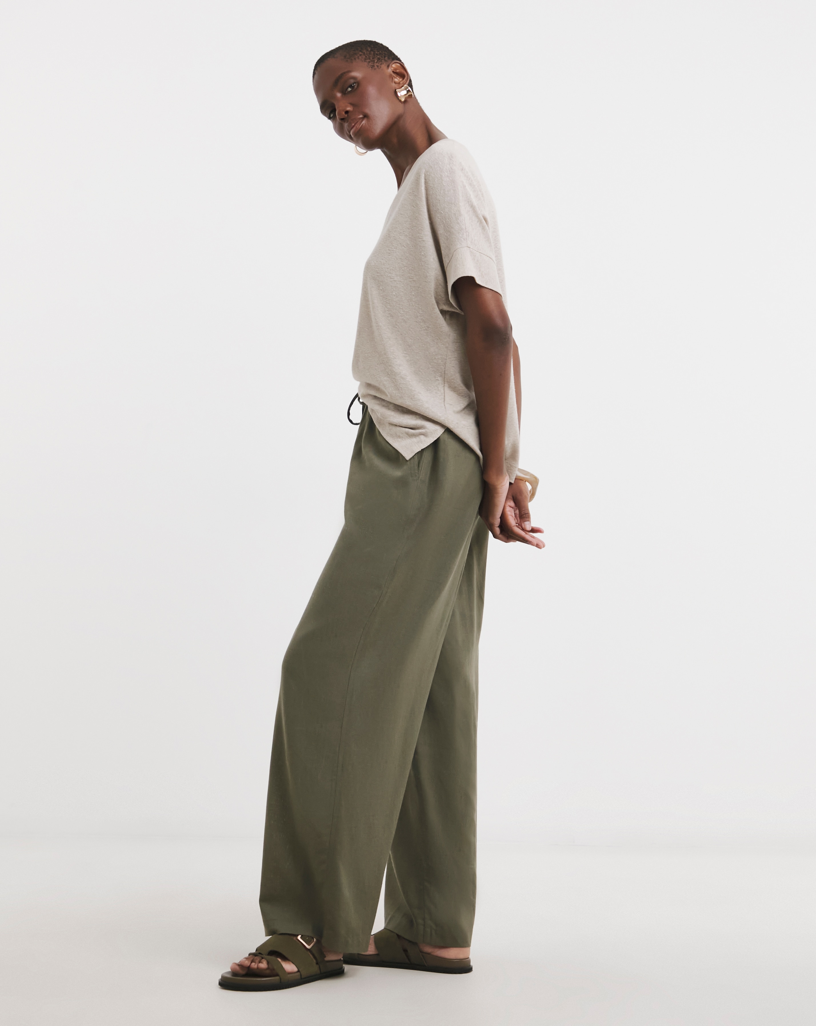 Khaki Linen Mix Wide Leg Trouser | JD Williams
