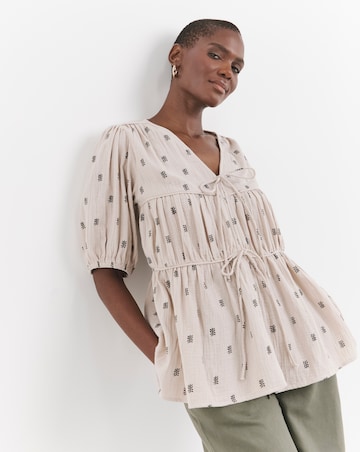 Printed Pure Cotton Textured Tie Front Top