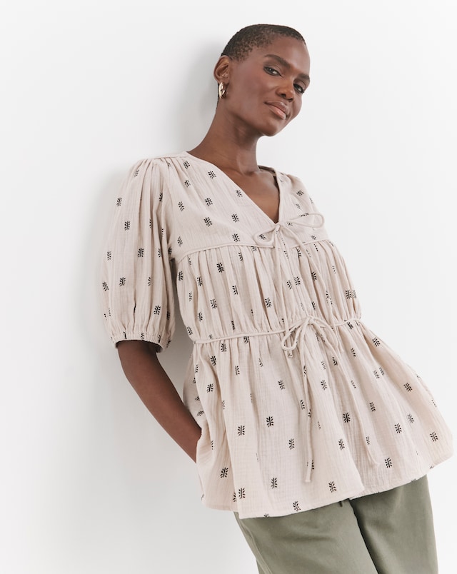 Printed Pure Cotton Textured Tie Front Top