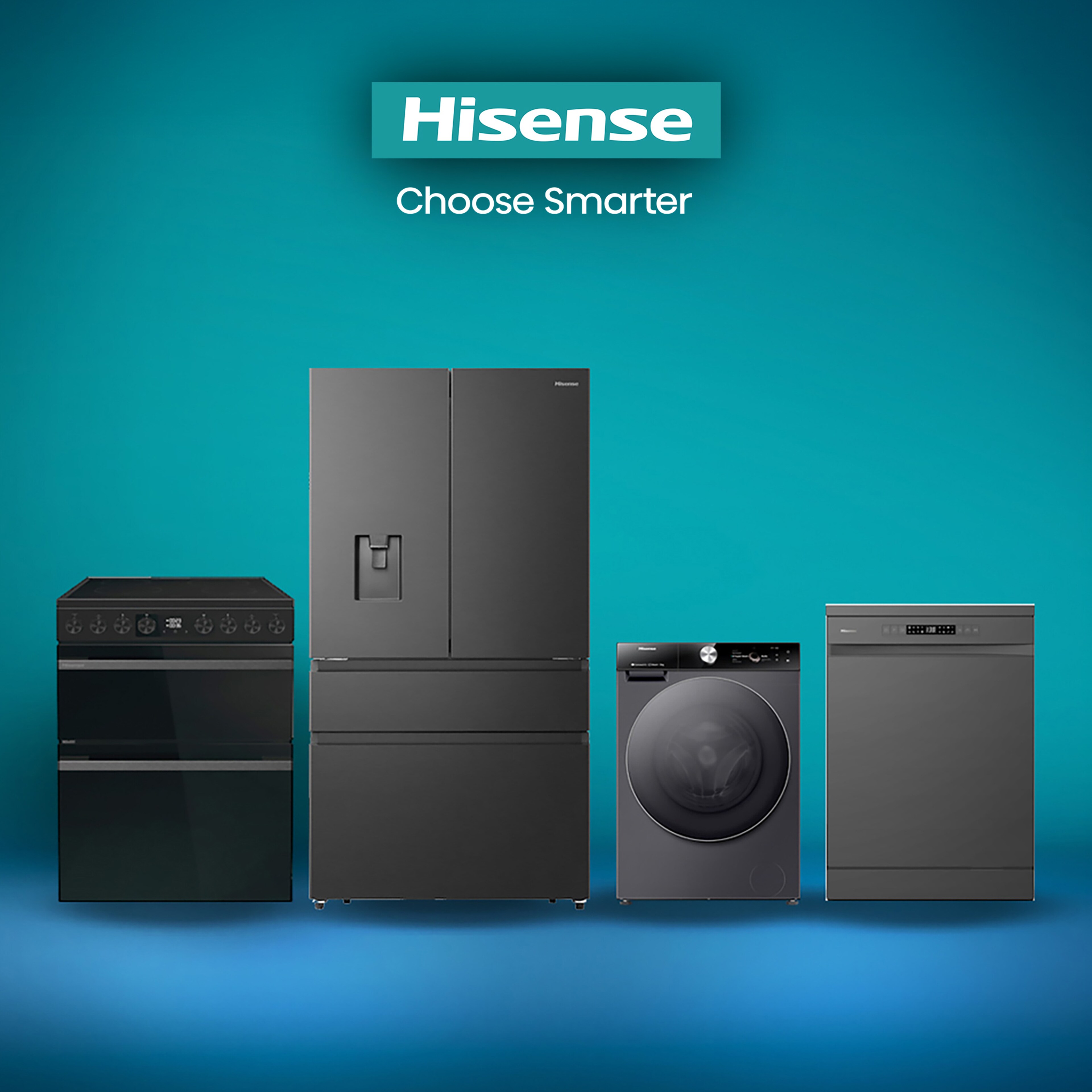 A range of Dark grey Hisense appliances in a teal and blue background.