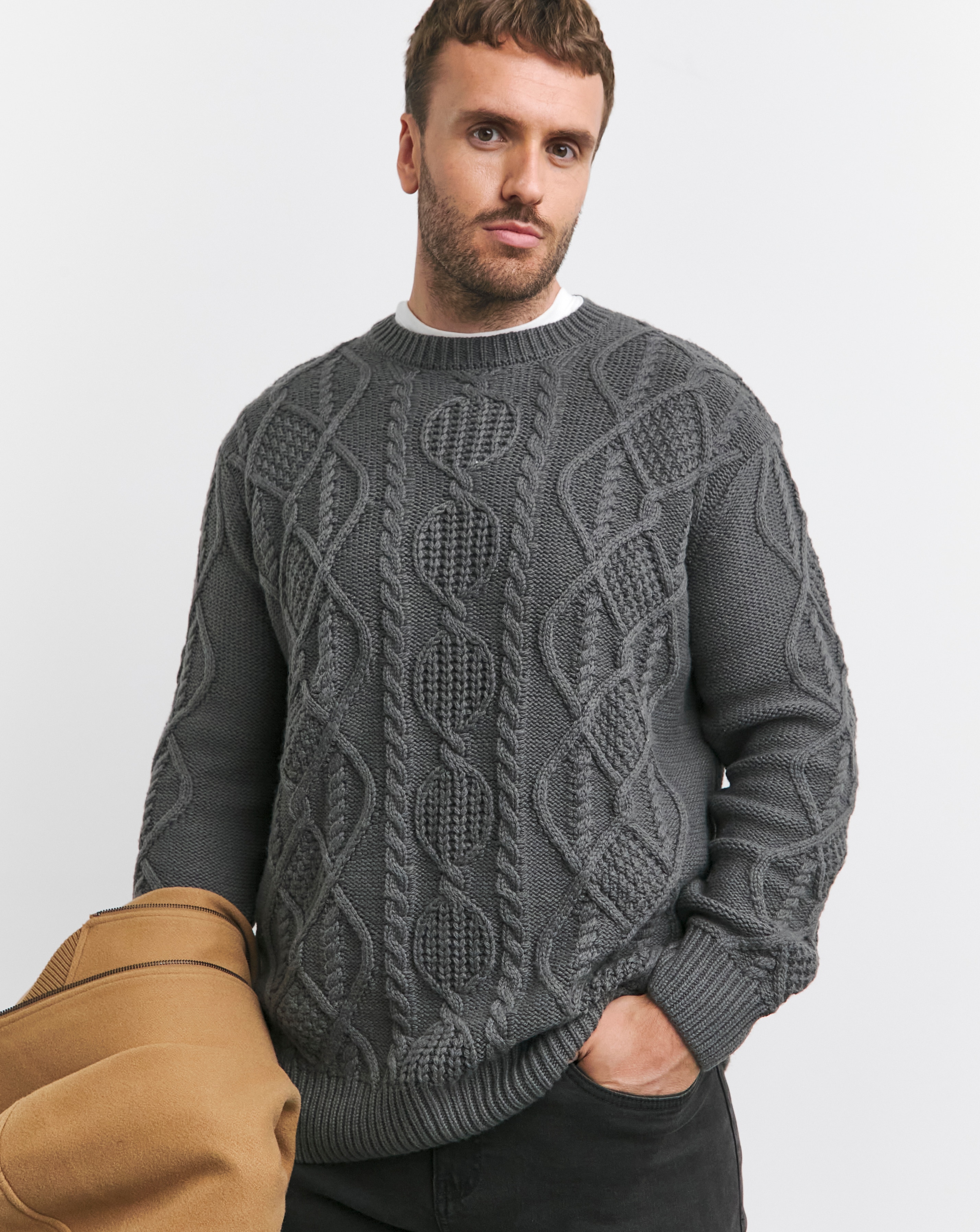 Wool Blend Grey Cable Knit Jumper | JD Williams