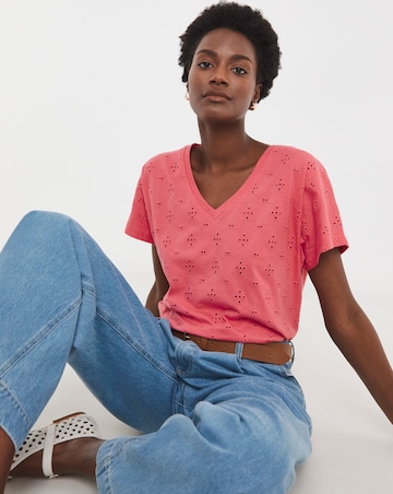 Pure Cotton Pink V-Neck Broderie Short Sleeve T-Shirt