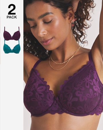 Pretty Secrets (2 Pack) Daisy Lace Plunge Wired Bras (B-F) Green/Plum