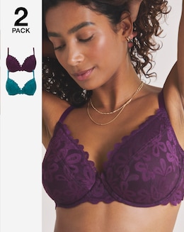 Pretty Secrets (2 Pack) Daisy Lace Plunge Wired Bras (B-F) Green/Plum