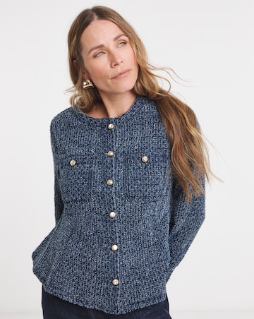 Indigo Boucle Peplum Collarless Denim Jacket