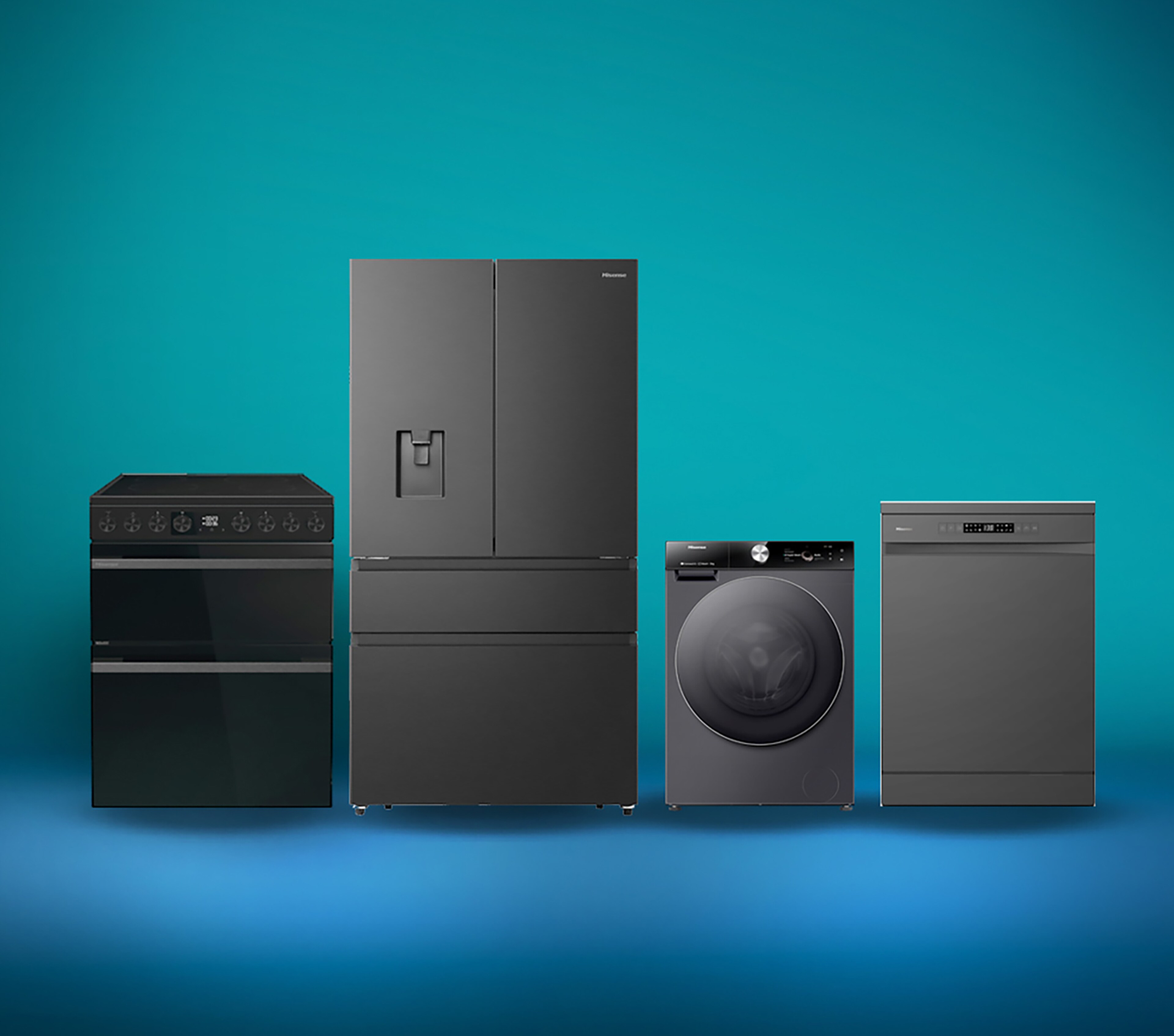 A range of dark grey Hisense kitchen appliances
