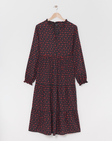 Spot Print Balloon Sleeve Midi Smock Dress