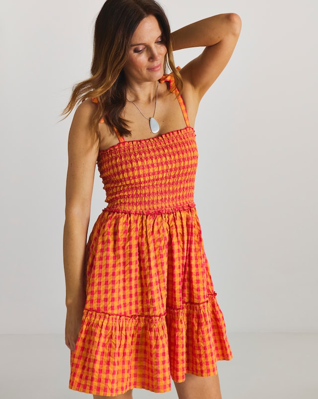 Orange And Pink Cotton Gingham Shirred Mini Beach Dress